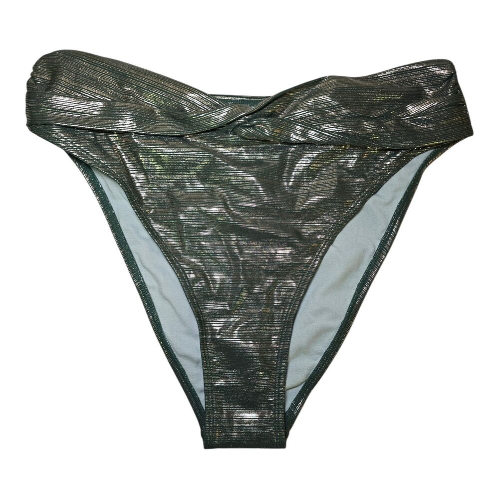 Cupshe Women’s Size Large Green Shine Line Lurex High Waist Bikini Bottoms NWT